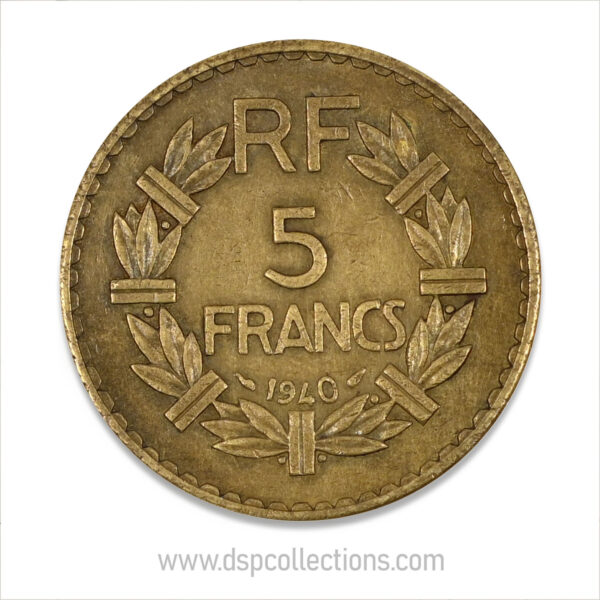 FRANCE, pièce de 5 Francs 1940, Lavrillier Bronze-Aluminium