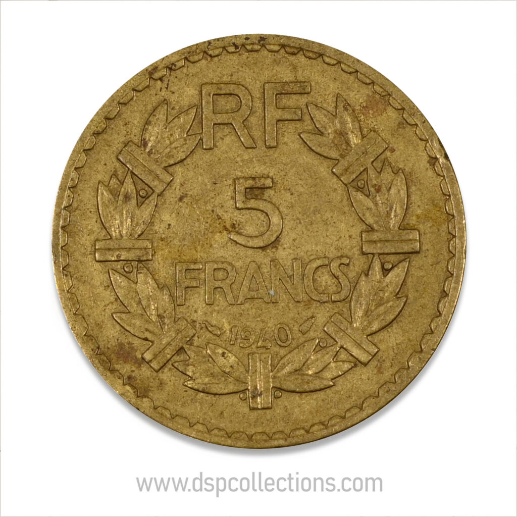 FRANCE, pièce de 5 Francs 1940, Lavrillier Bronze-Aluminium