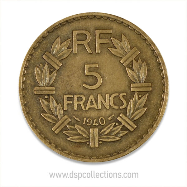 FRANCE, pièce de 5 Francs 1940, Lavrillier Bronze-Aluminium