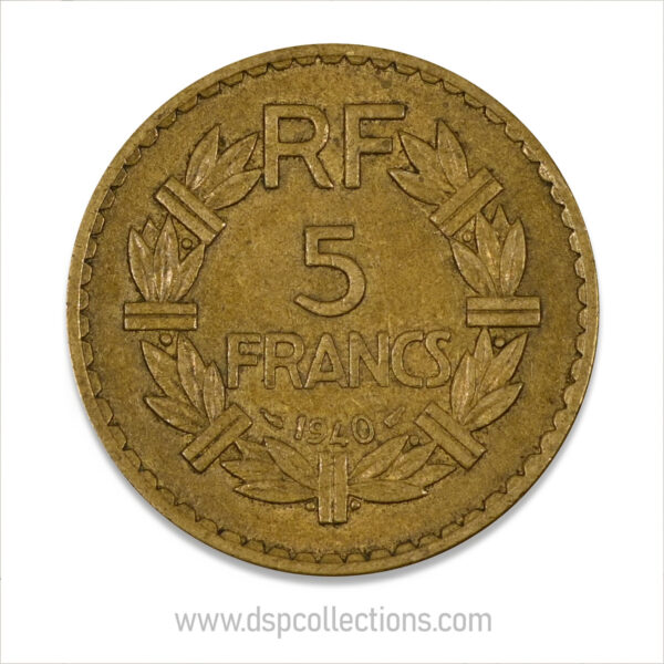 FRANCE, pièce de 5 Francs 1940, Lavrillier Bronze-Aluminium