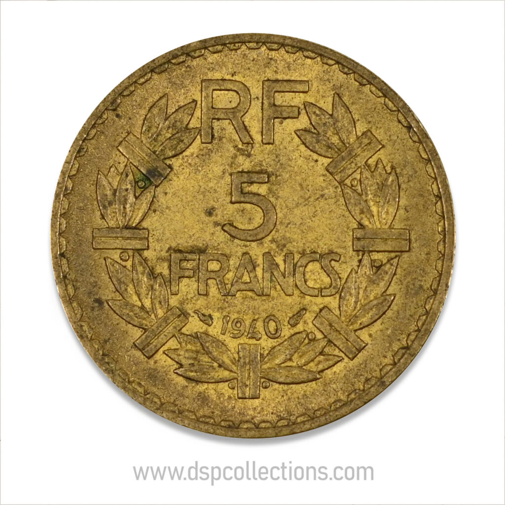 FRANCE, pièce de 5 Francs 1940, Lavrillier Bronze-Aluminium