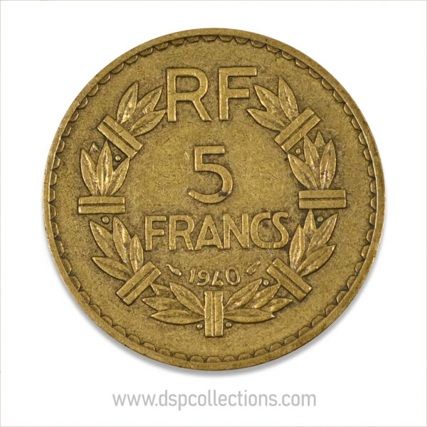 FRANCE, pièce de 5 Francs 1940, Lavrillier Bronze-Aluminium