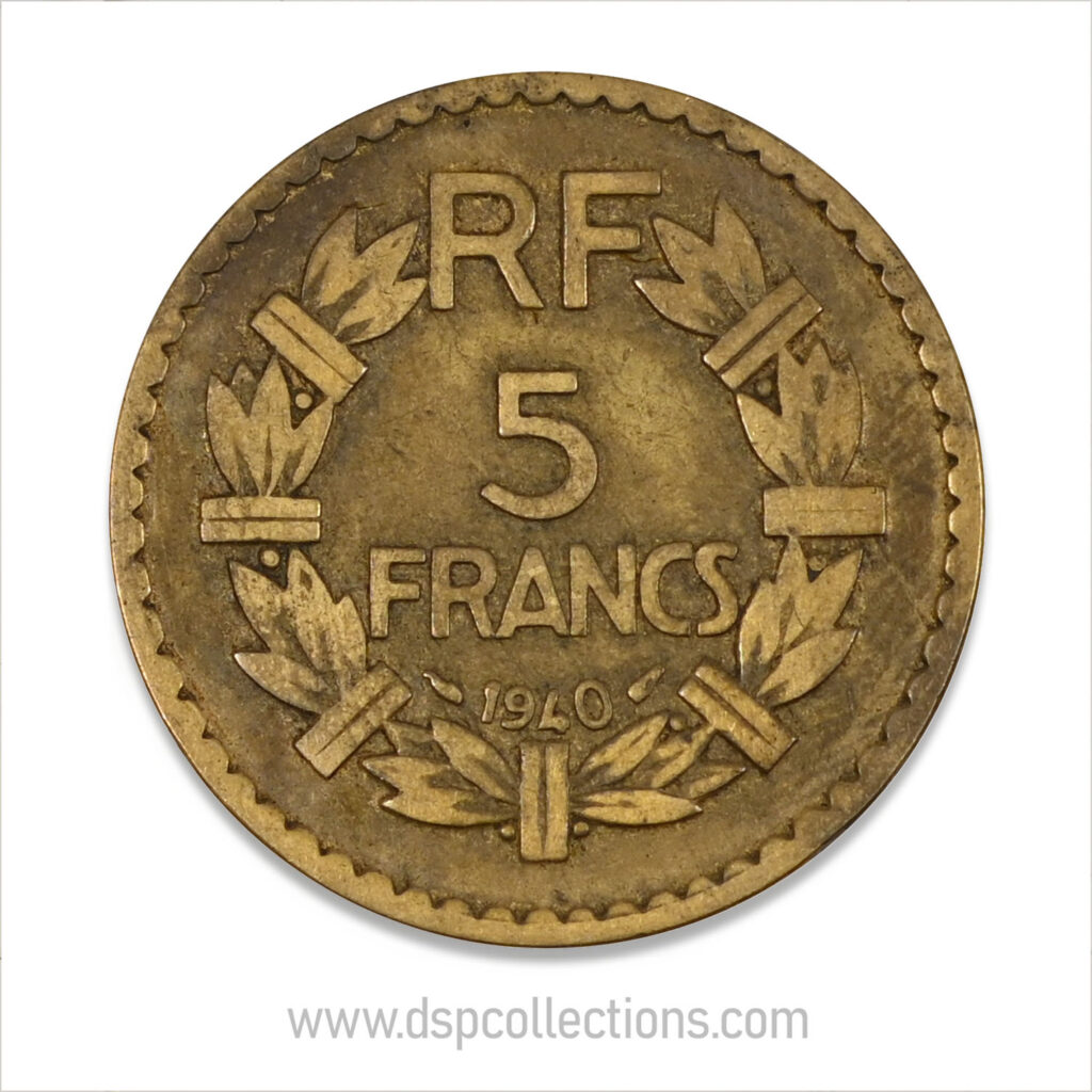 FRANCE, pièce de 5 Francs 1940, Lavrillier Bronze-Aluminium