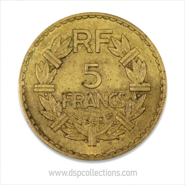 FRANCE, pièce de 5 Francs 1940, Lavrillier Bronze-Aluminium