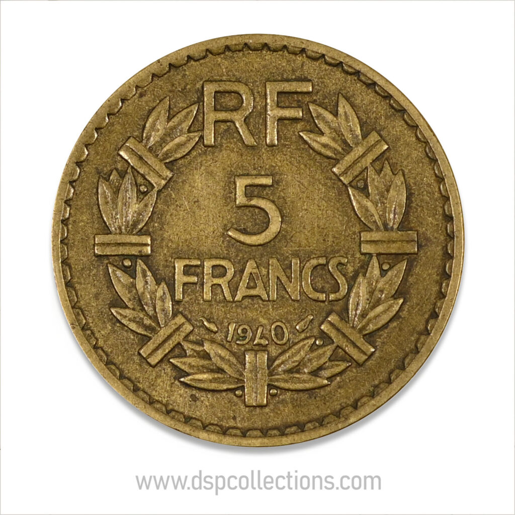 FRANCE, pièce de 5 Francs 1940, Lavrillier Bronze-Aluminium