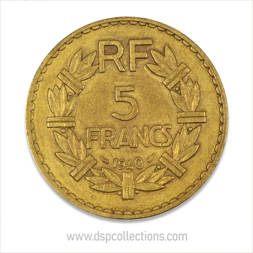 FRANCE, pièce de 5 Francs 1940, Lavrillier Bronze-Aluminium