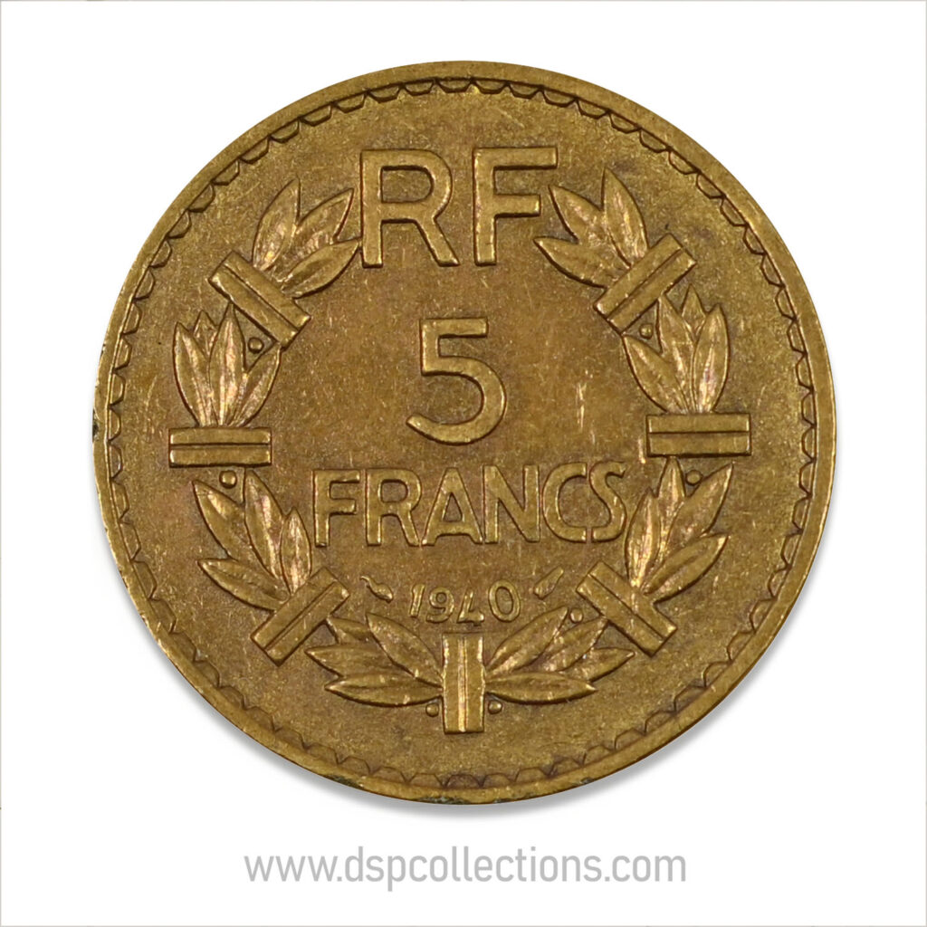 FRANCE, pièce de 5 Francs 1940, Lavrillier Bronze-Aluminium