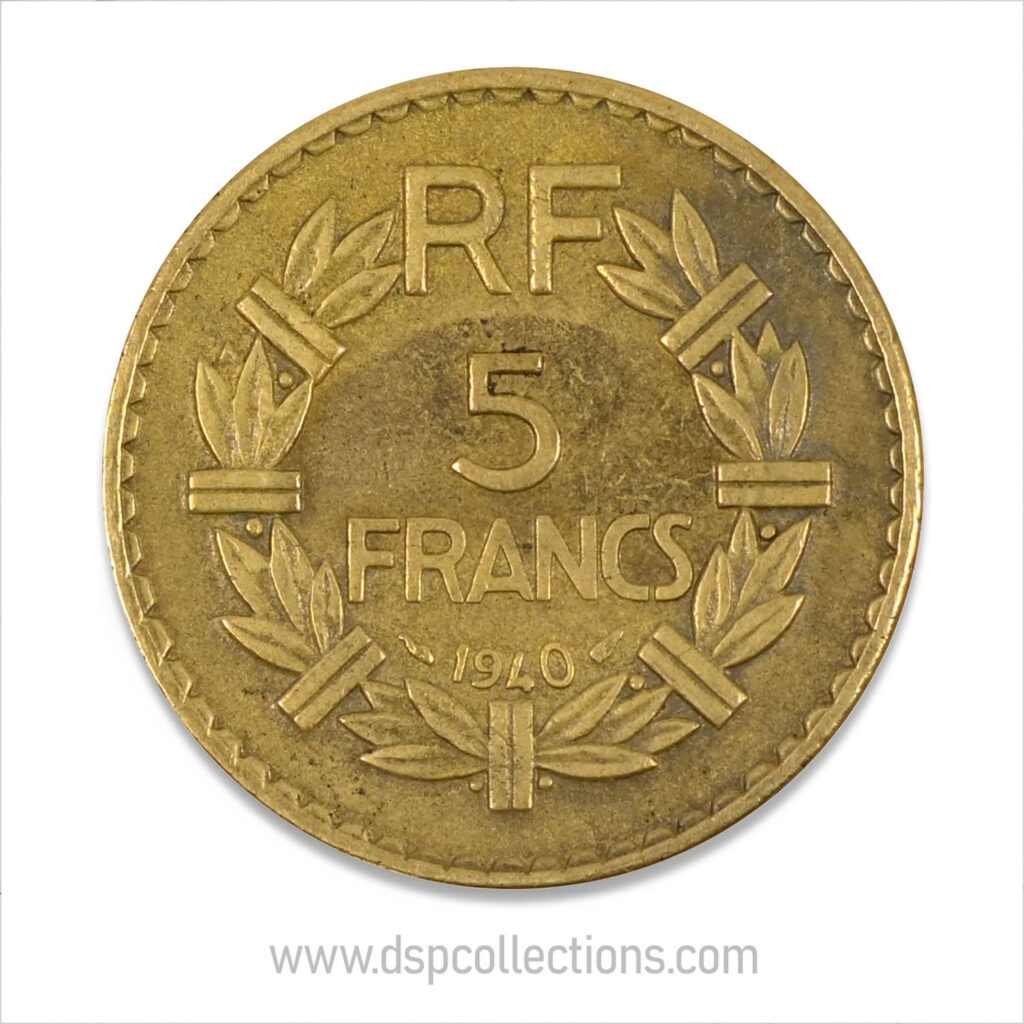 FRANCE, pièce de 5 Francs 1940, Lavrillier Bronze-Aluminium