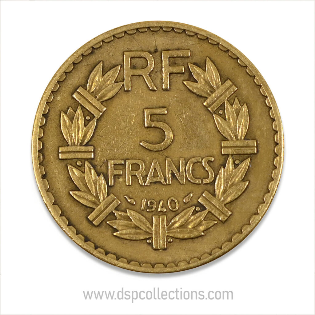 FRANCE, pièce de 5 Francs 1940, Lavrillier Bronze-Aluminium