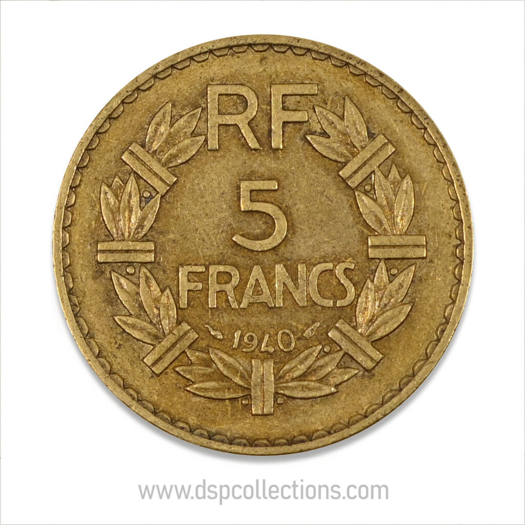 FRANCE, pièce de 5 Francs 1940, Lavrillier Bronze-Aluminium