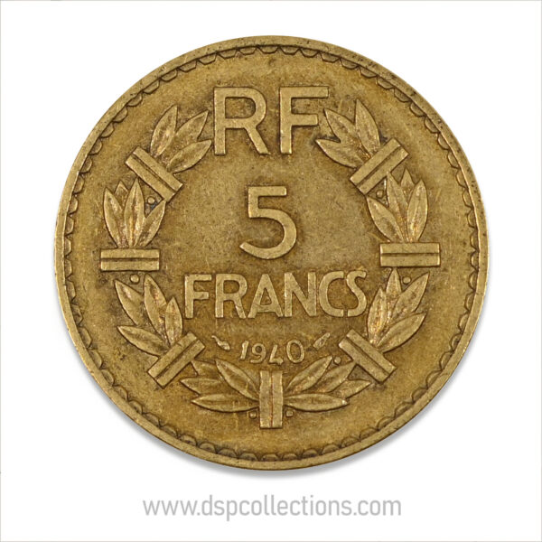 FRANCE, pièce de 5 Francs 1940, Lavrillier Bronze-Aluminium