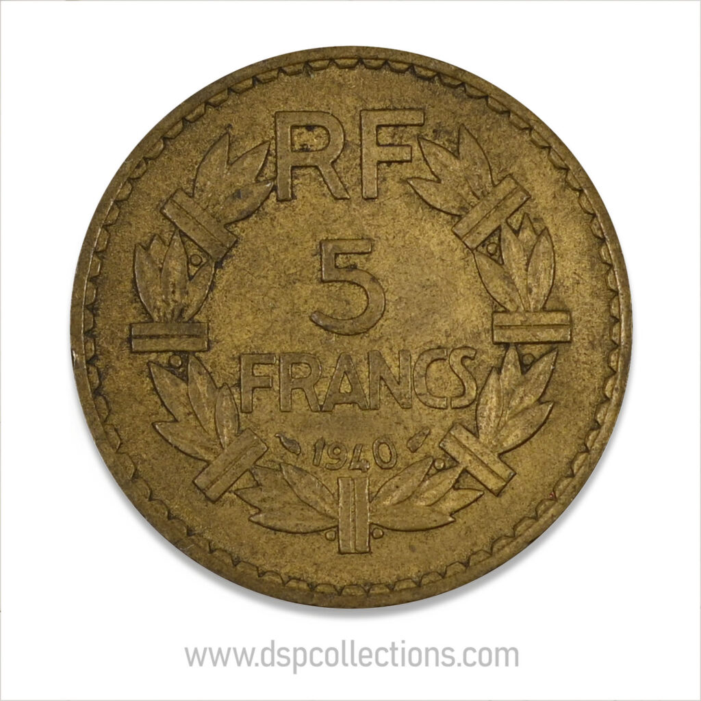 FRANCE, pièce de 5 Francs 1940, Lavrillier Bronze-Aluminium