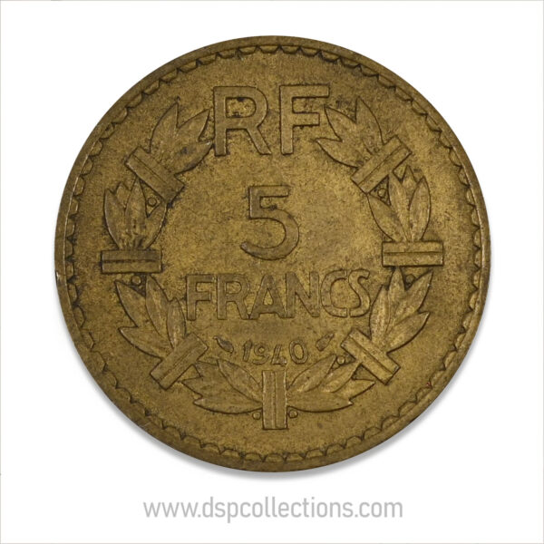 FRANCE, pièce de 5 Francs 1940, Lavrillier Bronze-Aluminium