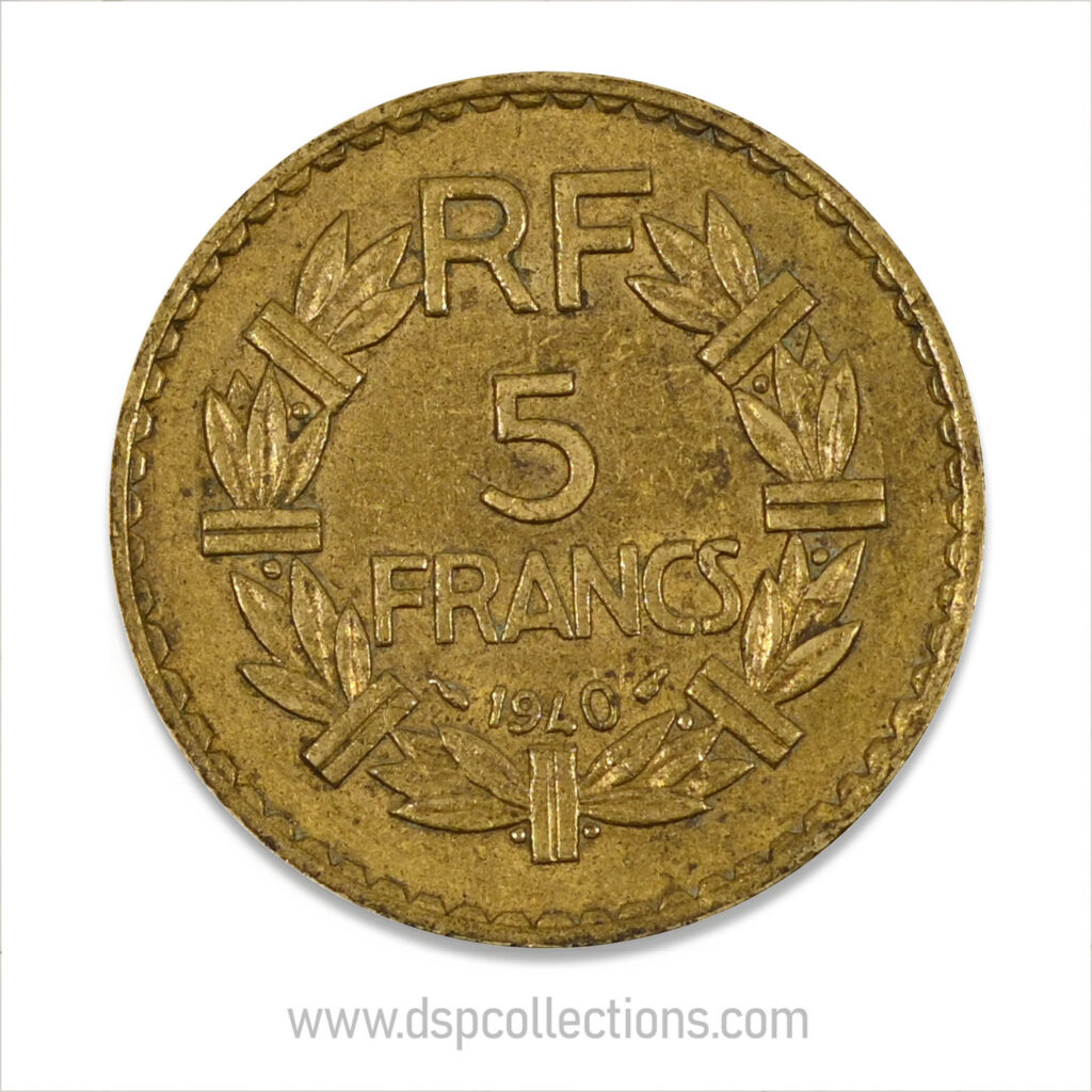 FRANCE, pièce de 5 Francs 1940, Lavrillier Bronze-Aluminium