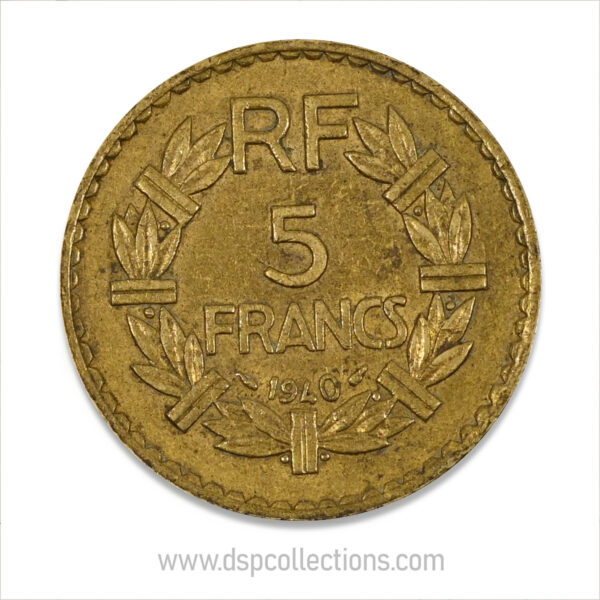 FRANCE, pièce de 5 Francs 1940, Lavrillier Bronze-Aluminium