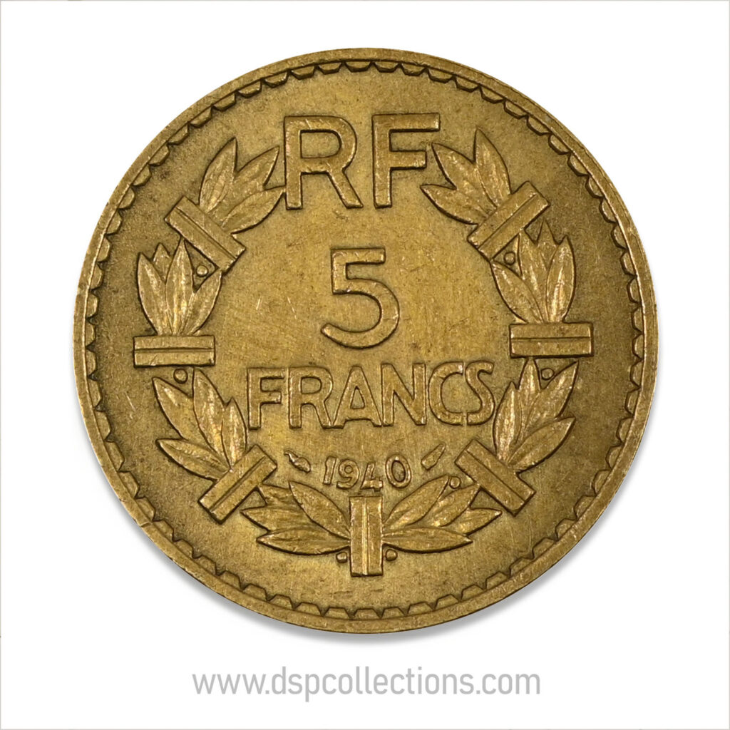 FRANCE, pièce de 5 Francs 1940, Lavrillier Bronze-Aluminium