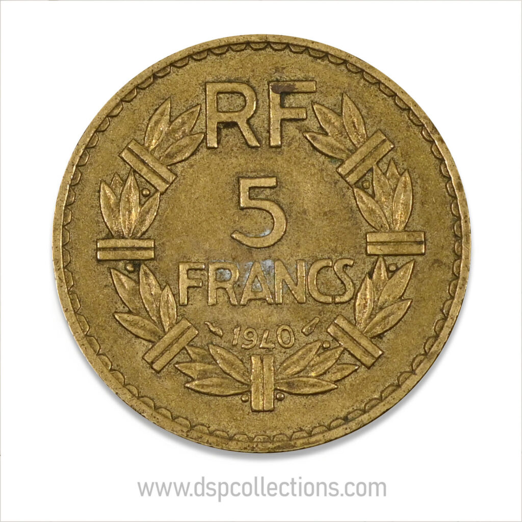 FRANCE, pièce de 5 Francs 1940, Lavrillier Bronze-Aluminium