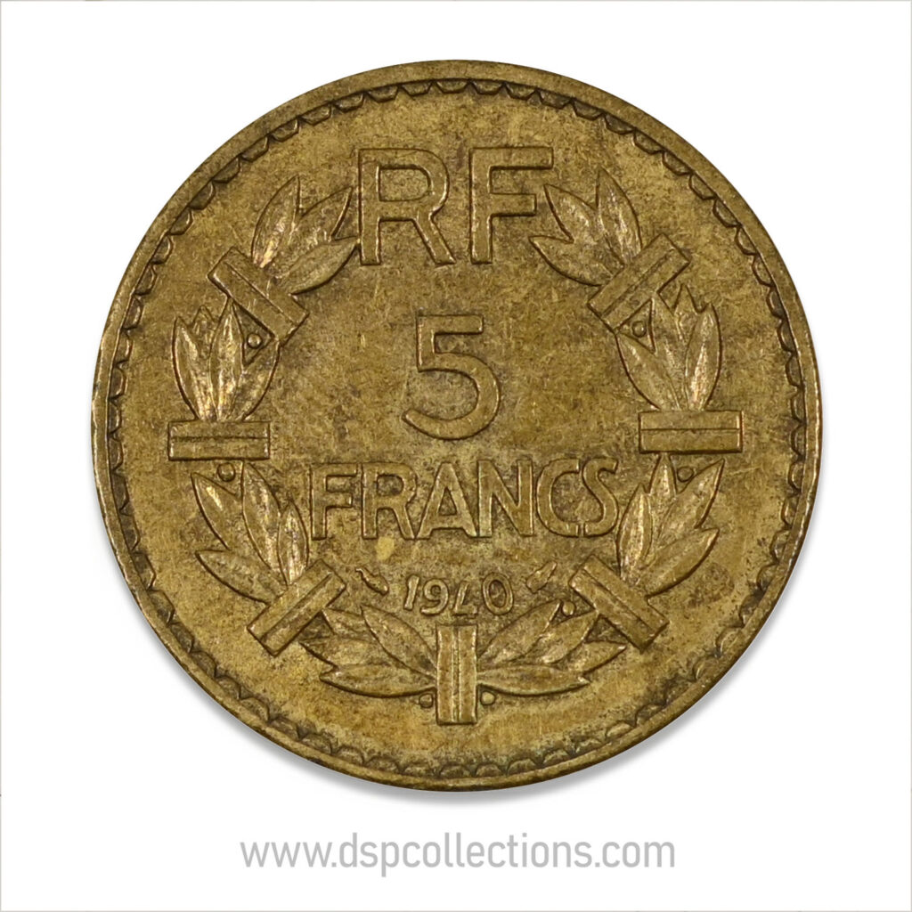 FRANCE, pièce de 5 Francs 1940, Lavrillier Bronze-Aluminium