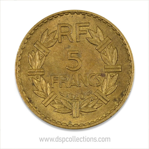 FRANCE, pièce de 5 Francs 1940, Lavrillier Bronze-Aluminium