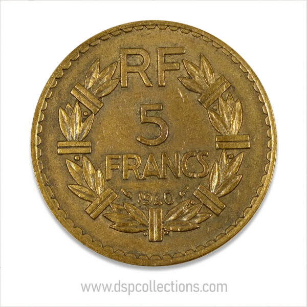 FRANCE, pièce de 5 Francs 1940, Lavrillier Bronze-Aluminium