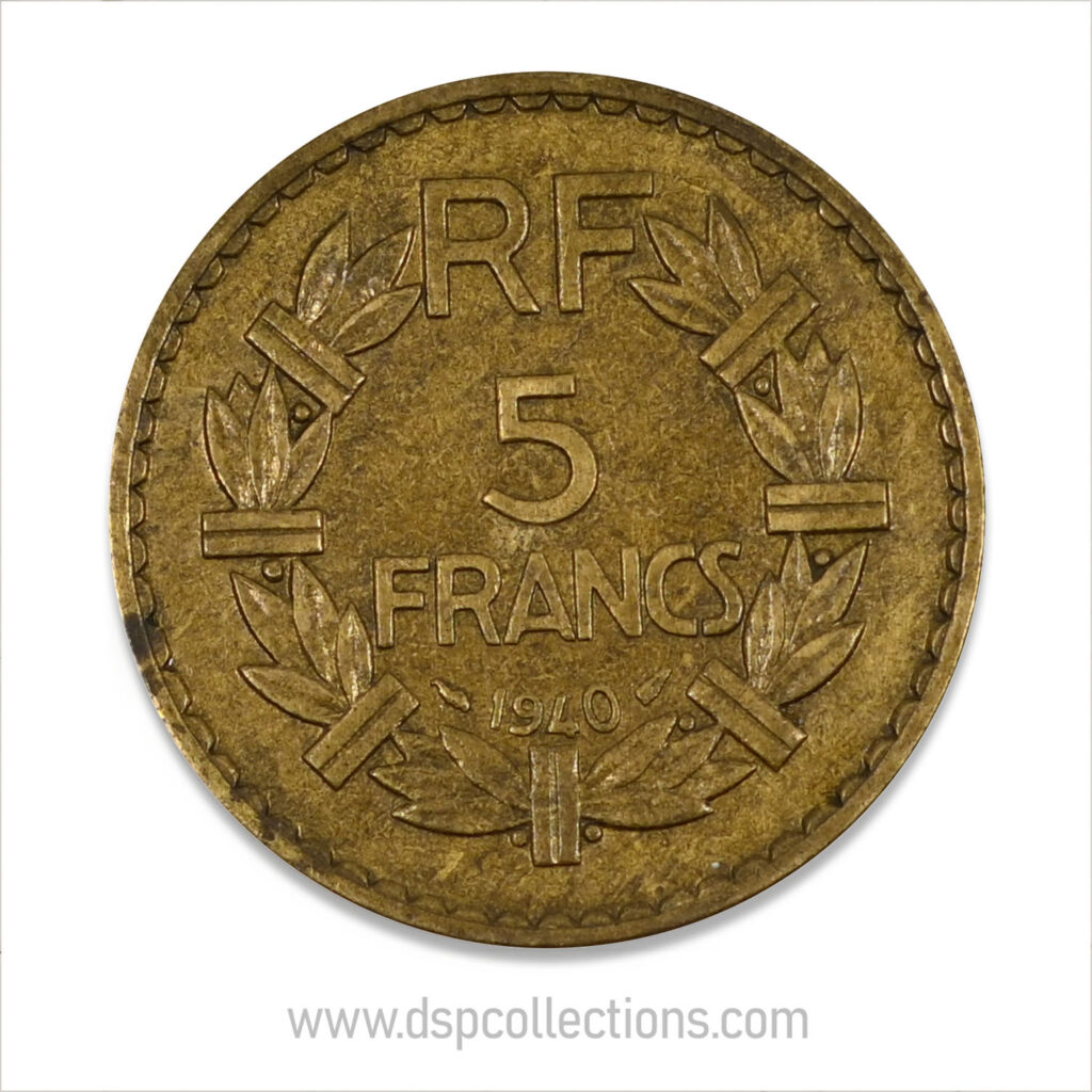 FRANCE, pièce de 5 Francs 1940, Lavrillier Bronze-Aluminium