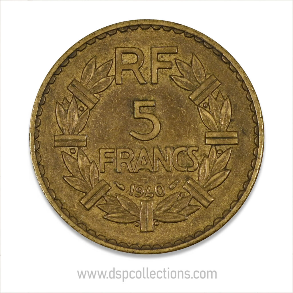 FRANCE, pièce de 5 Francs 1940, Lavrillier Bronze-Aluminium