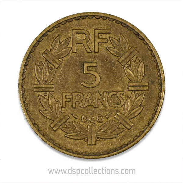 FRANCE, pièce de 5 Francs 1940, Lavrillier Bronze-Aluminium