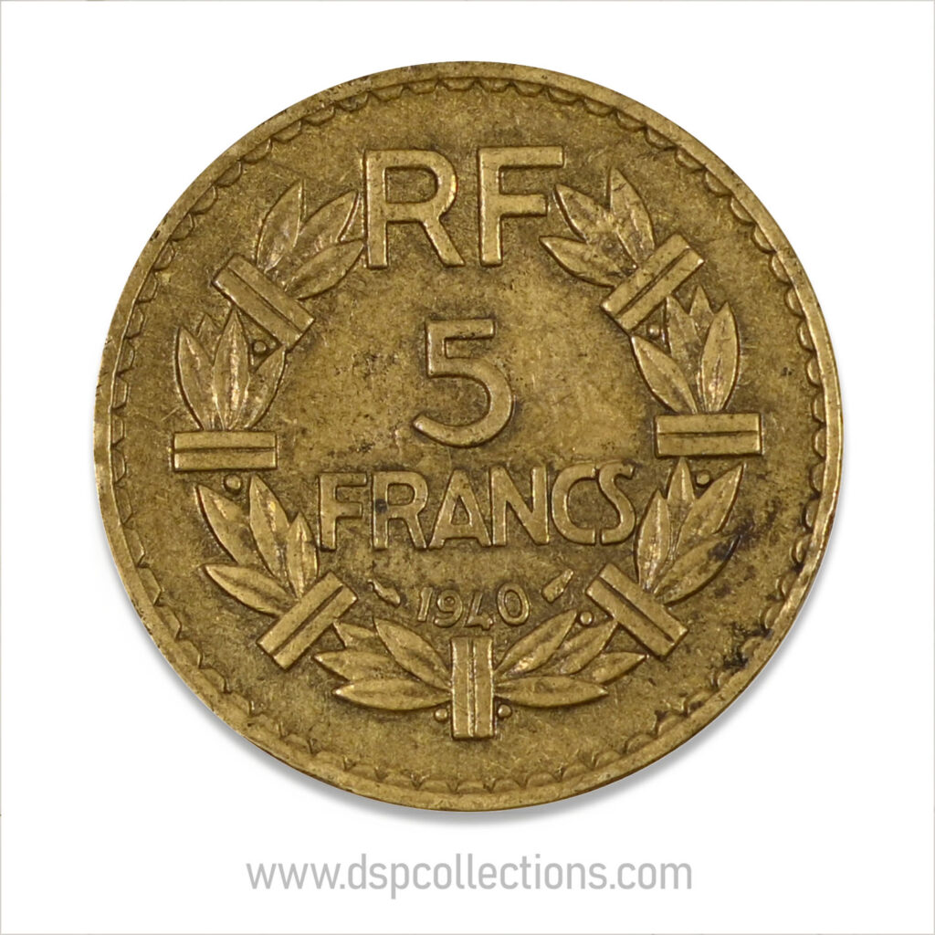 FRANCE, pièce de 5 Francs 1940, Lavrillier Bronze-Aluminium