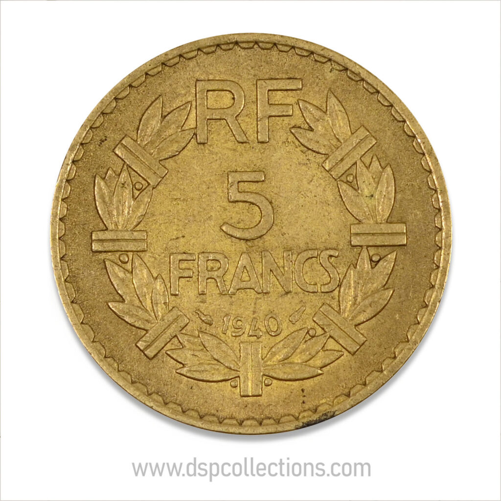 FRANCE, pièce de 5 Francs 1940, Lavrillier Bronze-Aluminium