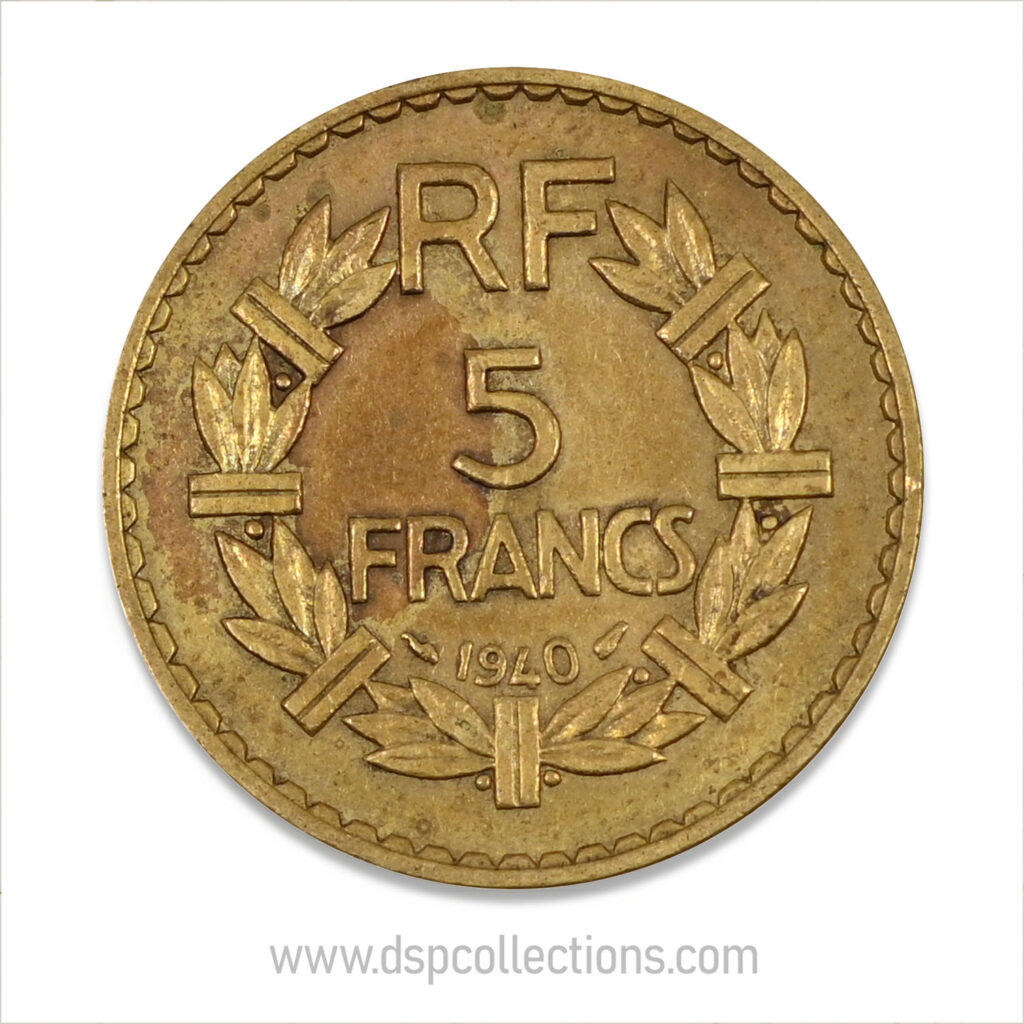 FRANCE, pièce de 5 Francs 1940, Lavrillier Bronze-Aluminium