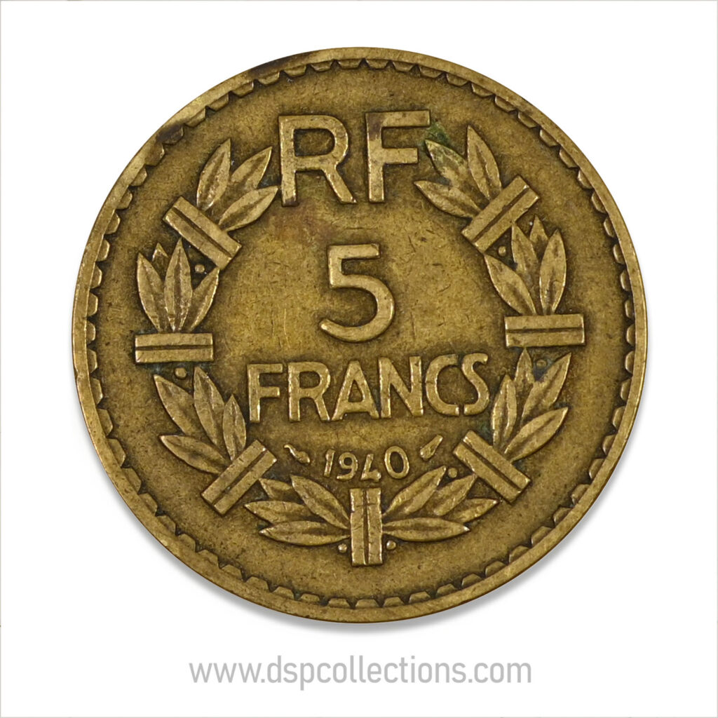 FRANCE, pièce de 5 Francs 1940, Lavrillier Bronze-Aluminium