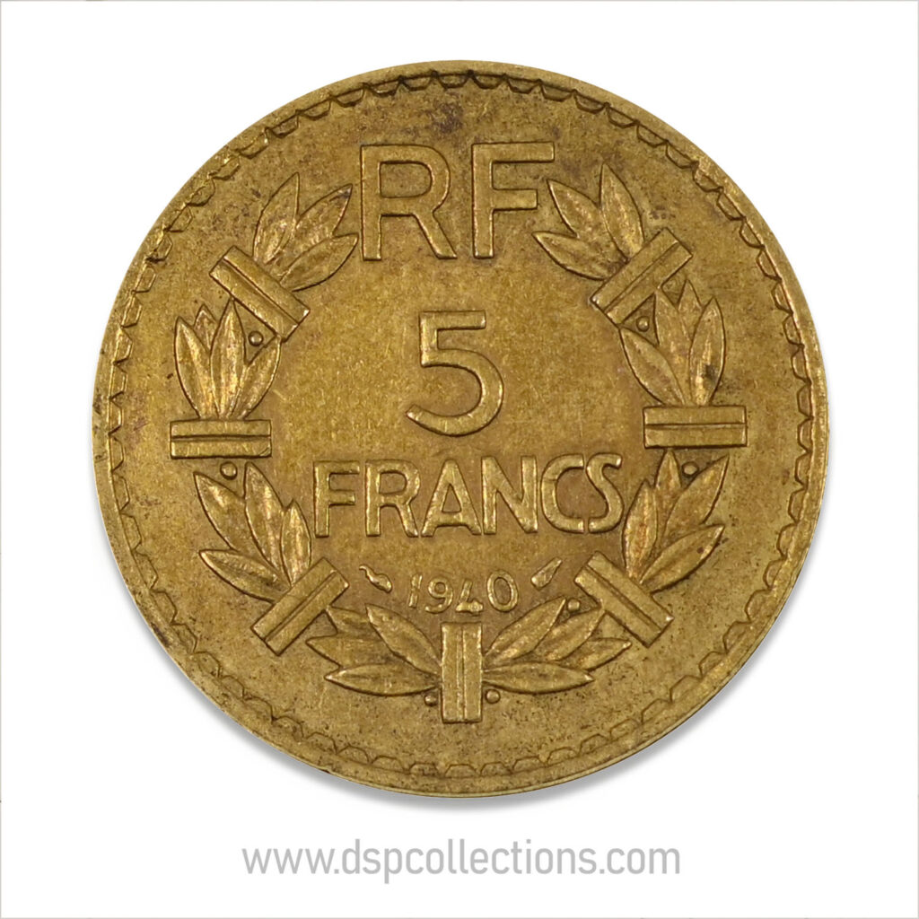 FRANCE, pièce de 5 Francs 1940, Lavrillier Bronze-Aluminium