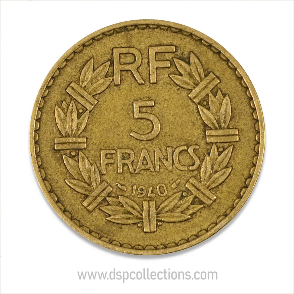 FRANCE, pièce de 5 Francs 1940, Lavrillier Bronze-Aluminium