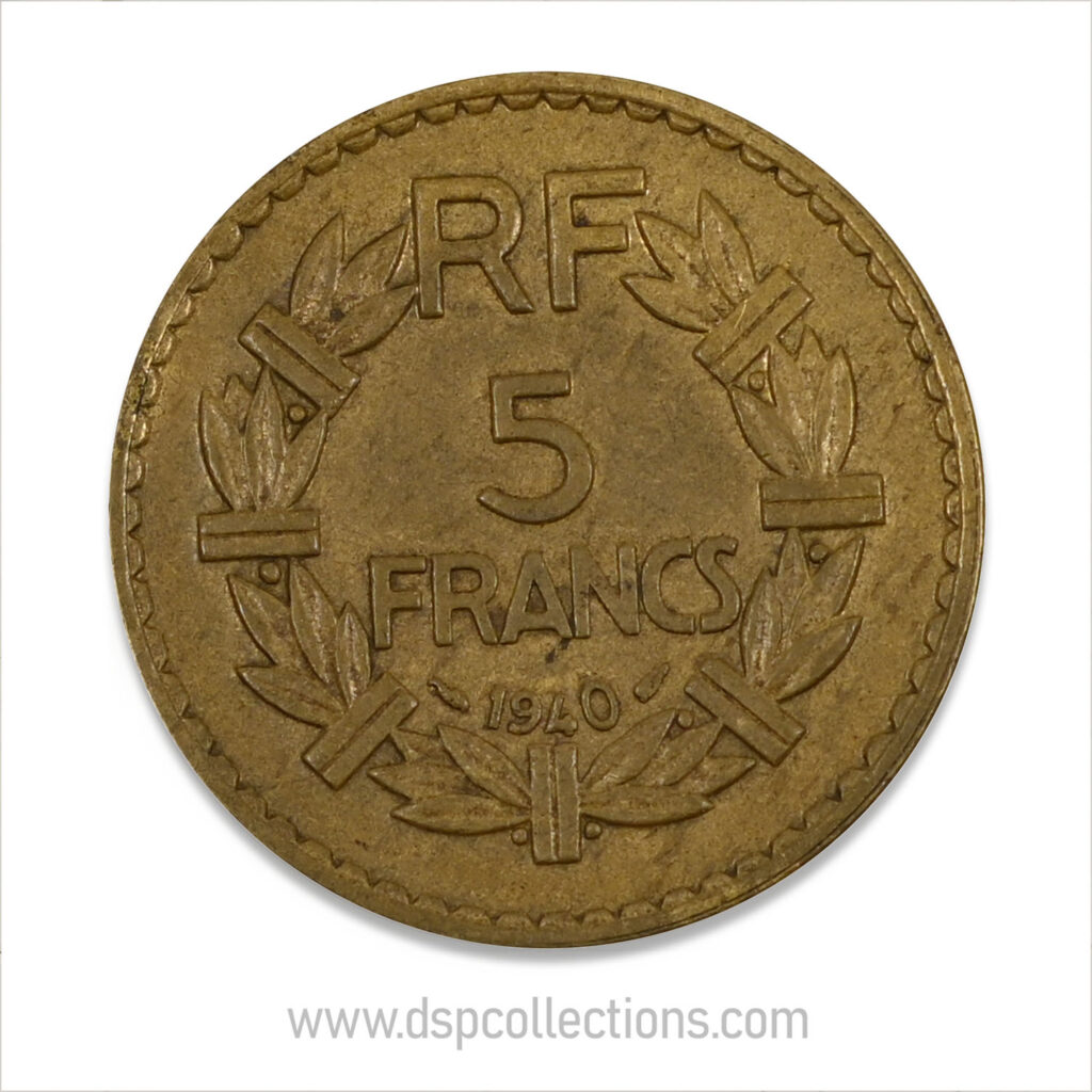 FRANCE, pièce de 5 Francs 1940, Lavrillier Bronze-Aluminium