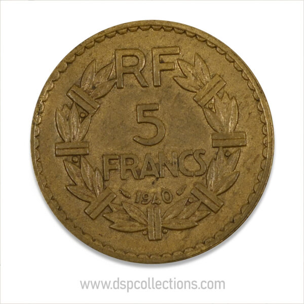 FRANCE, pièce de 5 Francs 1940, Lavrillier Bronze-Aluminium