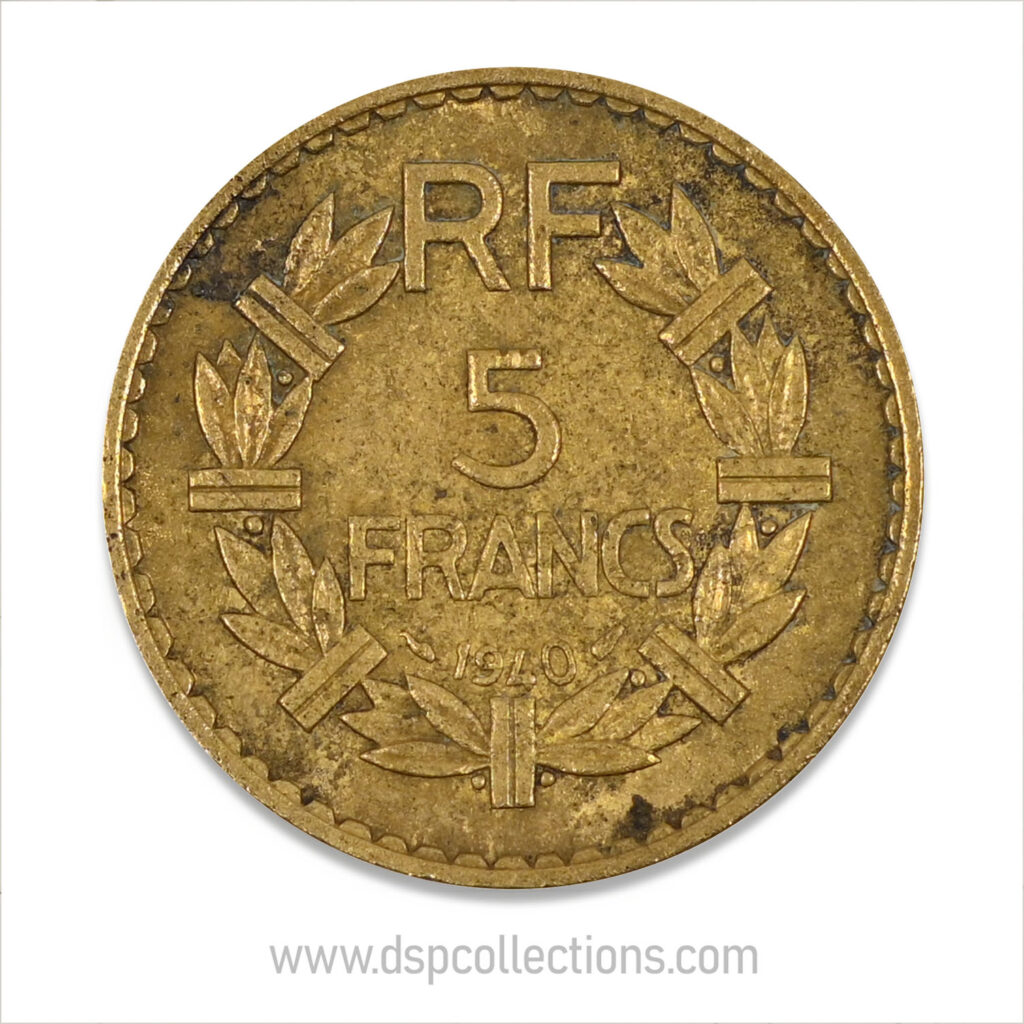 FRANCE, pièce de 5 Francs 1940, Lavrillier Bronze-Aluminium