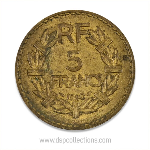 FRANCE, pièce de 5 Francs 1940, Lavrillier Bronze-Aluminium