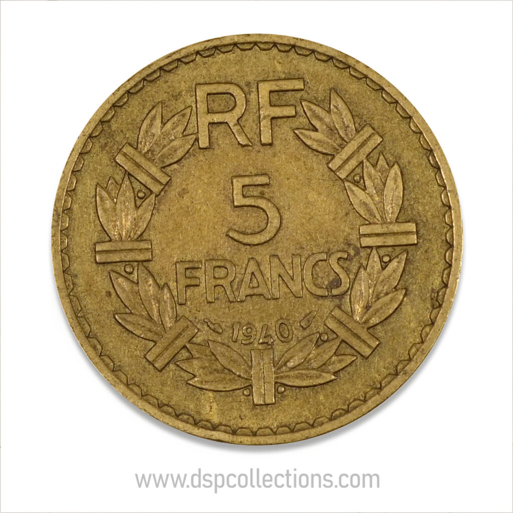 FRANCE, pièce de 5 Francs 1940, Lavrillier Bronze-Aluminium