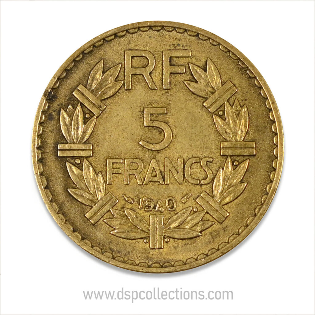 FRANCE, pièce de 5 Francs 1940, Lavrillier Bronze-Aluminium