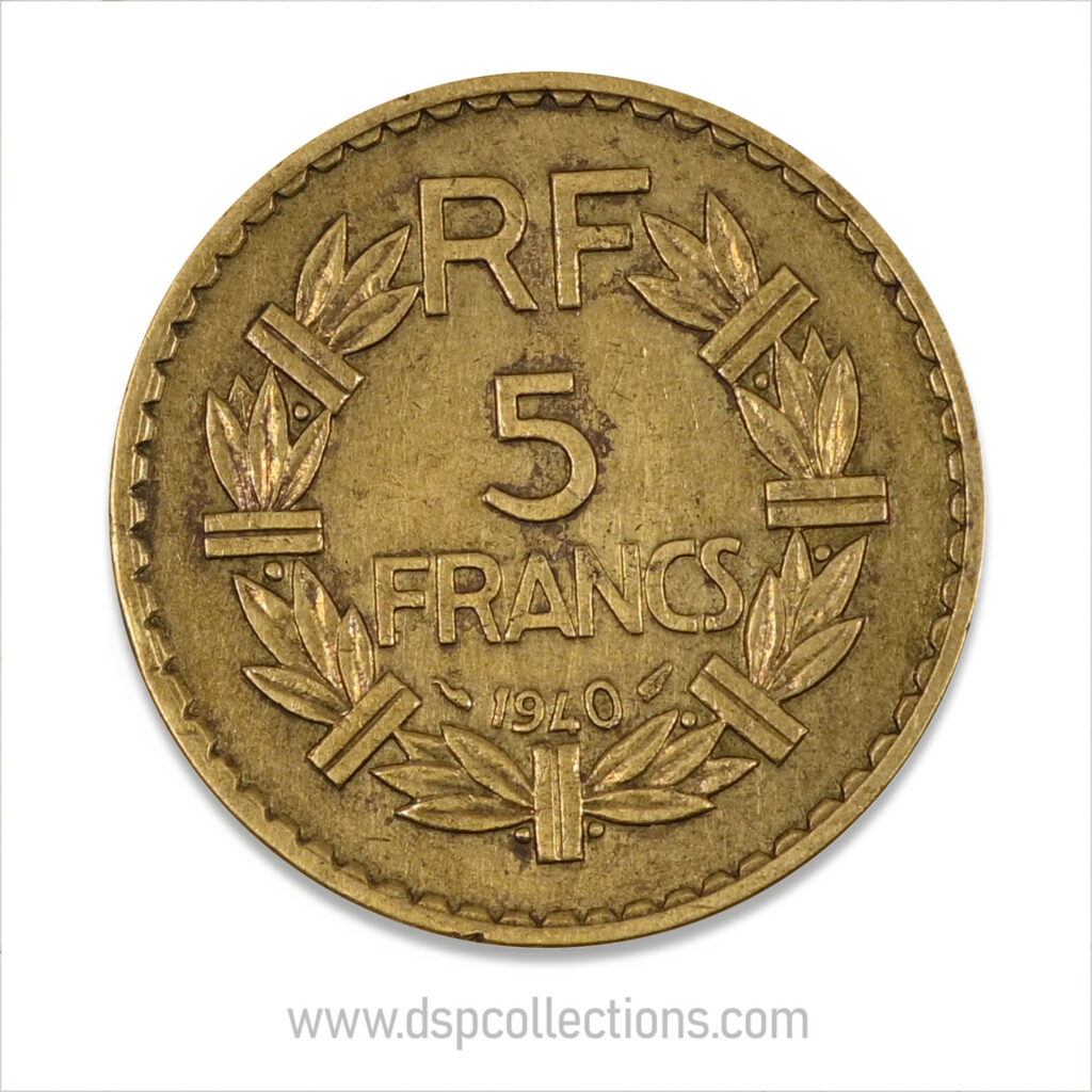 FRANCE, pièce de 5 Francs 1940, Lavrillier Bronze-Aluminium