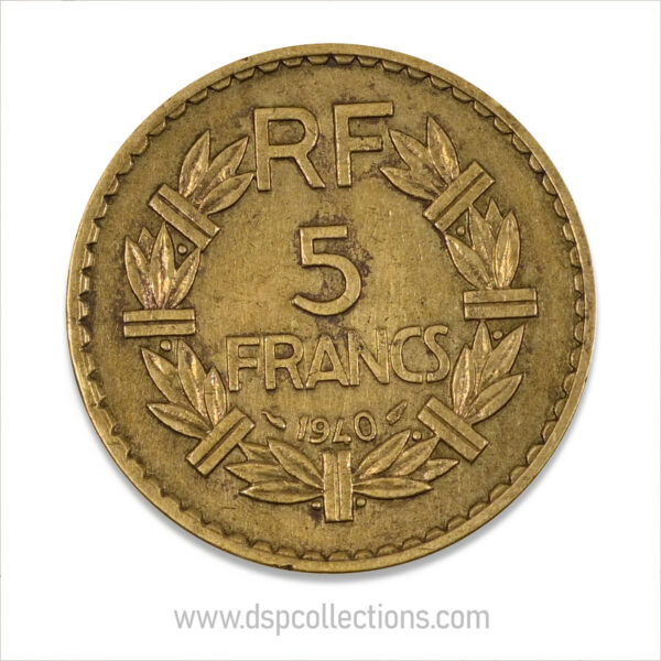 FRANCE, pièce de 5 Francs 1940, Lavrillier Bronze-Aluminium