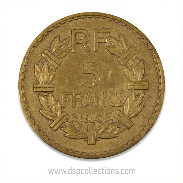 FRANCE, pièce de 5 Francs 1940, Lavrillier Bronze-Aluminium