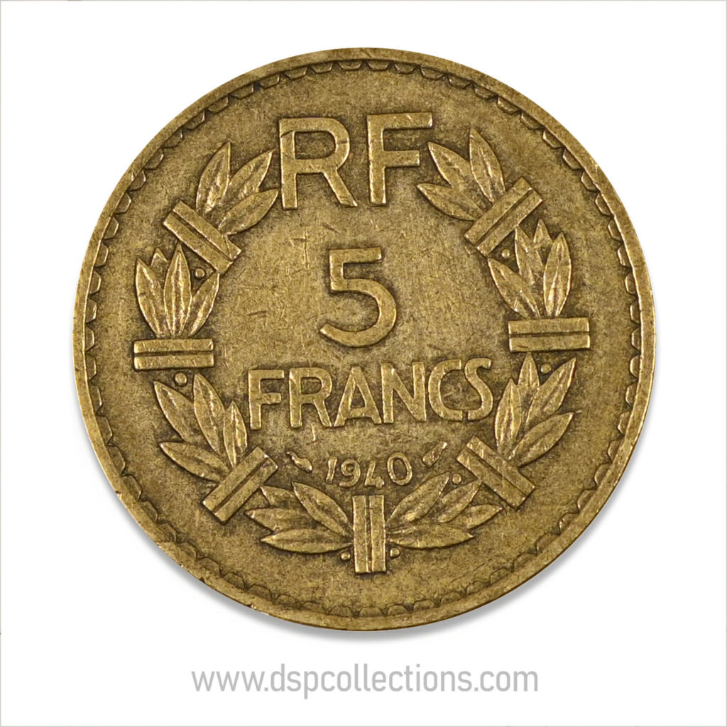 FRANCE, pièce de 5 Francs 1940, Lavrillier Bronze-Aluminium