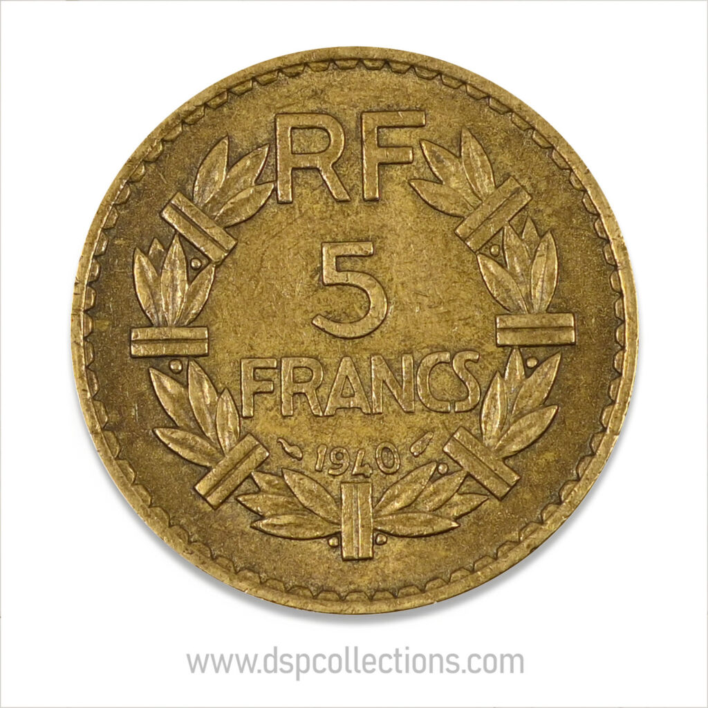 FRANCE, pièce de 5 Francs 1940, Lavrillier Bronze-Aluminium