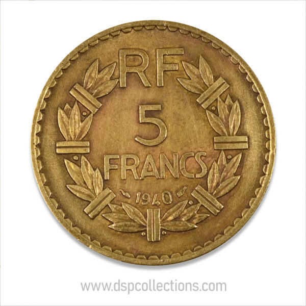 FRANCE, pièce de 5 Francs 1940, Lavrillier Bronze-Aluminium