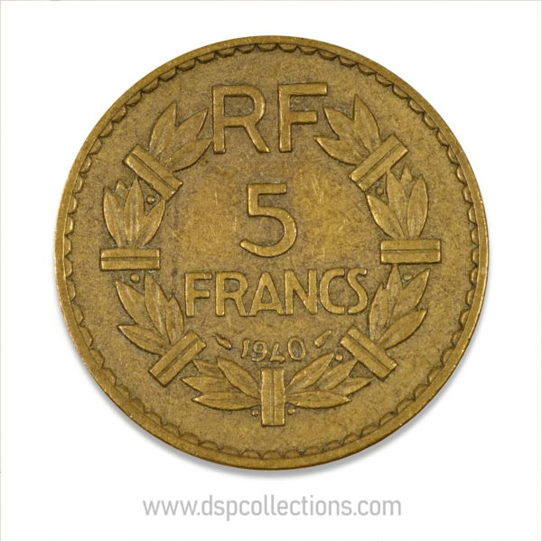 FRANCE, pièce de 5 Francs 1940, Lavrillier Bronze-Aluminium