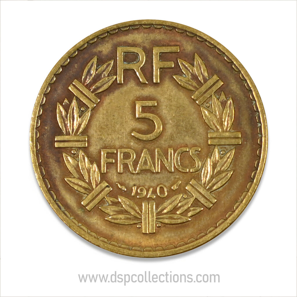 FRANCE, pièce de 5 Francs 1940, Lavrillier Bronze-Aluminium