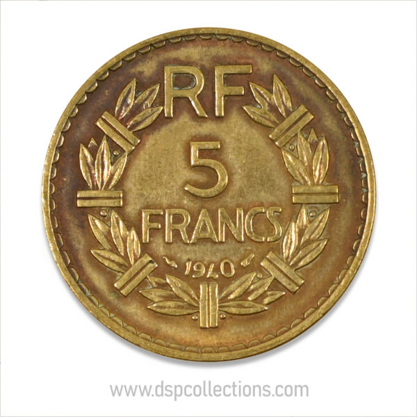 FRANCE, pièce de 5 Francs 1940, Lavrillier Bronze-Aluminium