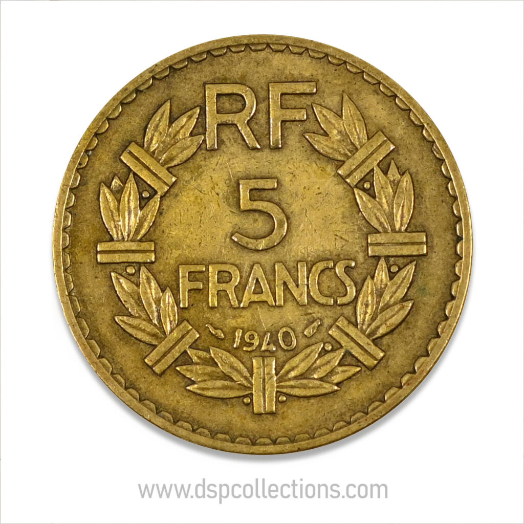 FRANCE, pièce de 5 Francs 1940, Lavrillier Bronze-Aluminium