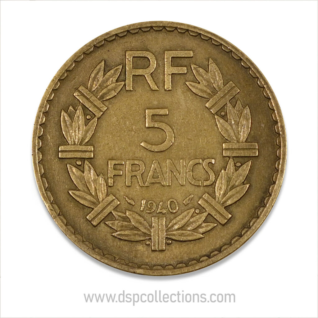 FRANCE, pièce de 5 Francs 1940, Lavrillier Bronze-Aluminium